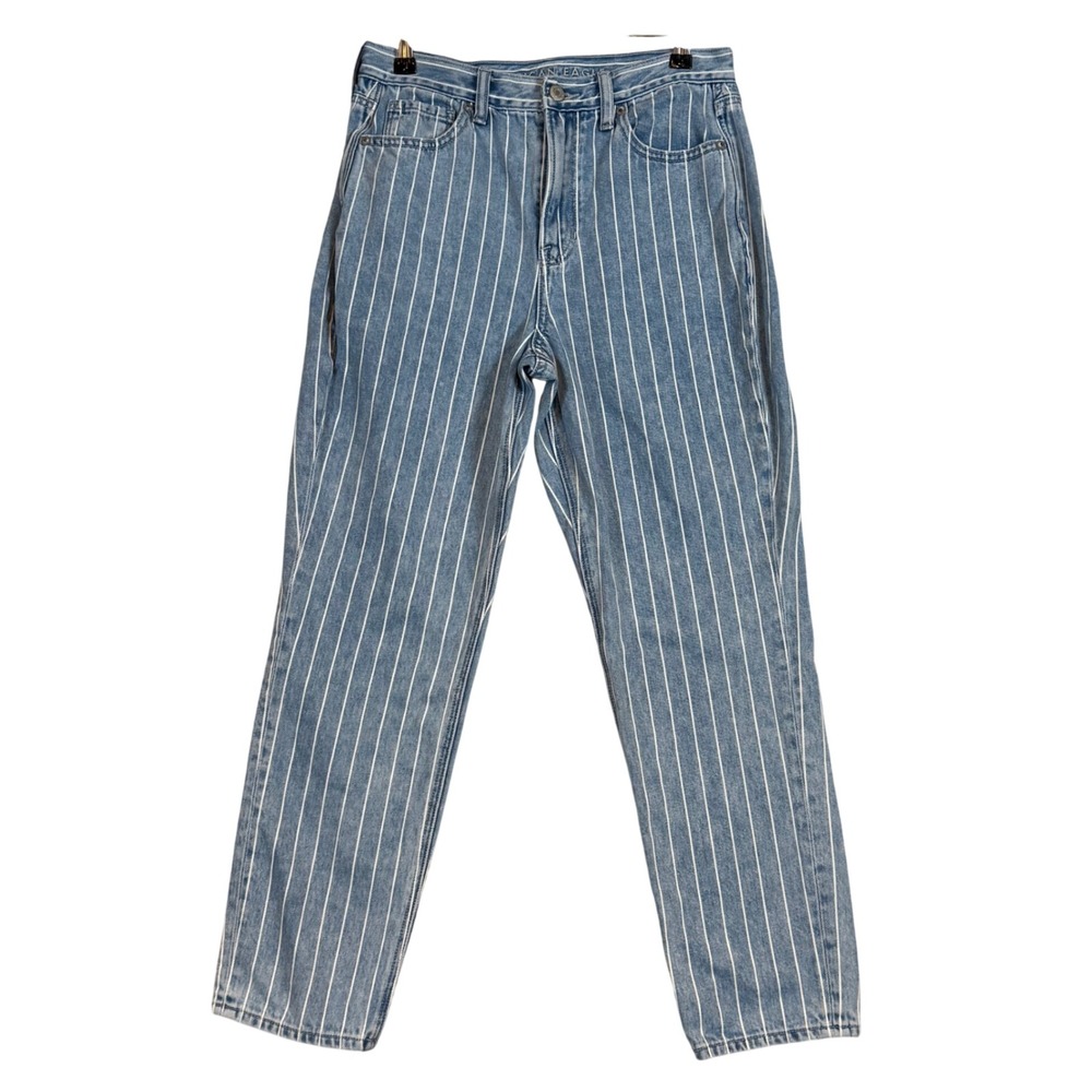 American Eagle Mom Jean Light Wash Blue Pinstripe High Rise Denim Pants 4 Short‎